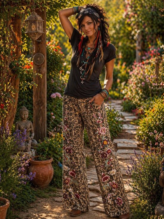 Home Folk Denim - Women’s Leopard Print Boot Cut Jeans with Floral Embroidery - Khaki